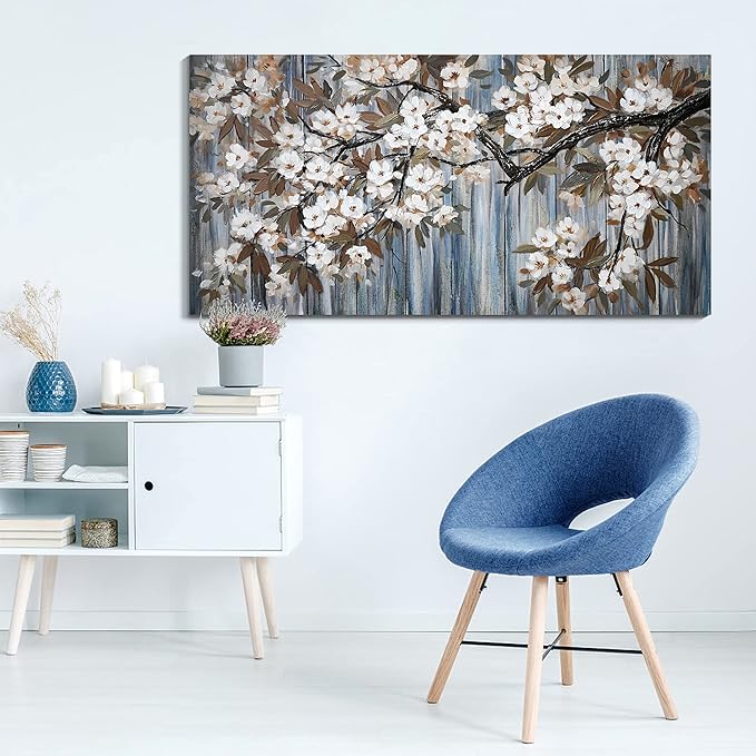 Large Canvas Wall Art for Living Room Wall Decor Abstract White Flower Tree with Gray Driftwood Picture Modern Framed Canvas Prints Artwork Ready to Hang for Bedroom Home Wall Decoration size 24x48