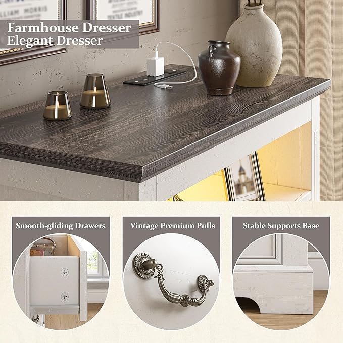 EnHomee Farmhouse 6 Drawer Dresser for Bedroom LED Light & Power Outlets, 48" H Wood Dressers & Chests of Drawers with Natural Texture, Hallway, Antique White