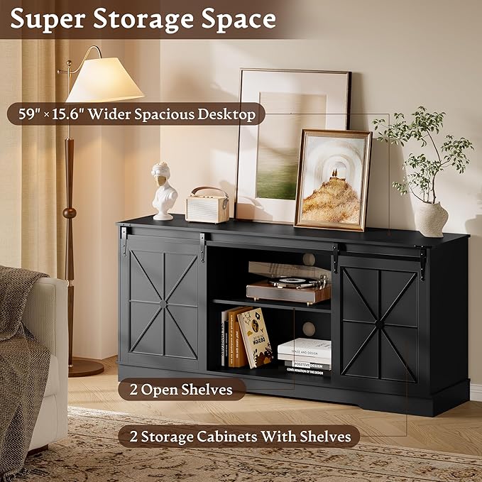 Farmhouse TV Stand for 55 60 65 Inch TV, Mid Century Modern TV Cabinet with Storage and Sliding Barn Doors, Easy Assembly, Entertainment Center Console Table for Bedroom Living Room-Black