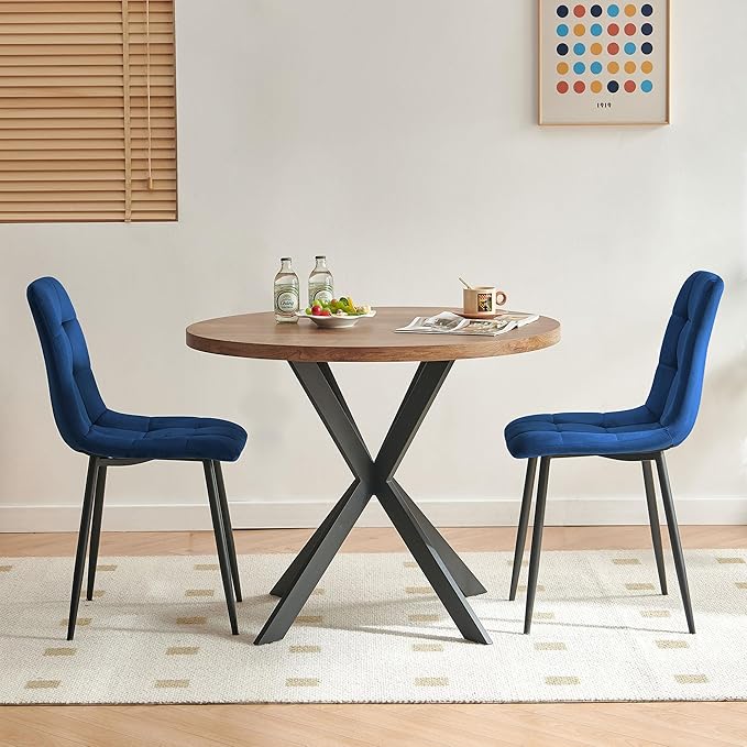 3 Piece Dining Table Set for Small Spaces - Round Kitchen Table Chairs Set of 2 with Blue Velvet Upholstered Chairs -Space Saving Dinette for Kitchen, Dining Room