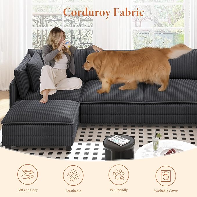 Vesgantti 109" U Shaped Cloud Sectional Sofa, Comfy Corduroy Upholstered Sectional Modular Sofas for Living Room, Modern Modular Couch with 2 Ottoman Deep Seat, Dark Grey