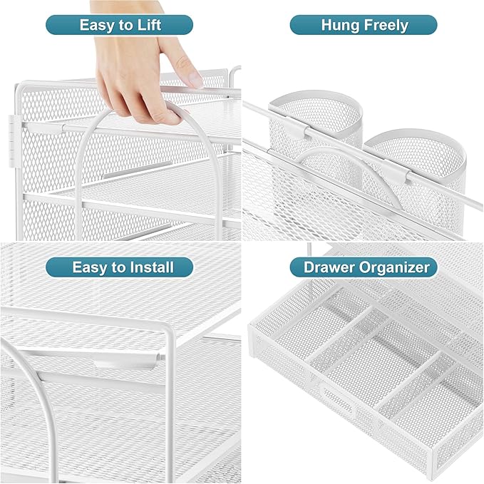 Marbrasse Desk Organizer and Accessories4-Tier Paper File Letter Tray Accessories & Workspace Desk Organizers with Drawer and 2 Pen Holders for School Home Office Supplies (White)