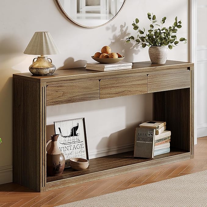 Treocho 63.9" Long Console Tables for Entryway, Farmhouse Entryway Table with Drawers, Narrow Sofa Table Behind Couch Table for Living Room, Entrance, Hallway, Walnut