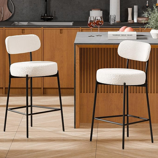 DYHOME Bar Stools Set of 2, 24 Inches White Boucle Bartools Counter Height Bar Stool with Curved Back Metal Legs, Modern Upholstered Barstools Chairs for Kitchen Island, Cafe