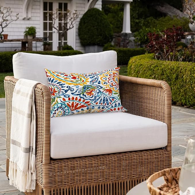 Pack of 2 Outdoor Lumbar Pillow Covers, All Weather Cushion Pillow Cases 12x20 Inch, Pillowcase for Patio Couch Decoration, Paisley Multi