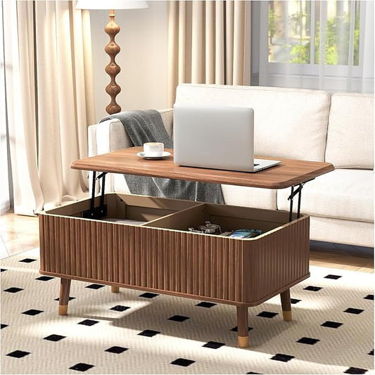 Lift Top Coffee Table with Storage Shelf & Hidden Compartment, Mid Century Modern Fluted Rectangle Dining Table for Living Room, Home Office, Walnut