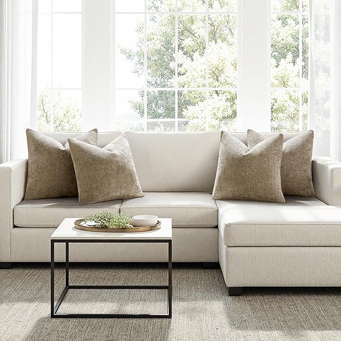 MIULEE Pack of 4 Couch Throw Pillow Covers 18x18 Inch Khaki Soft Decorative Chenille Pillow Covers Farmhouse Accent Cushion Covers for Boho Home Decor Sofa Bedroom Living Room