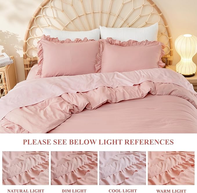 Litanika Blush Pink Ruffle King Bed Comforter Set, 3 Pieces Girls Women Cute Bedding Comforters & Sets, Lightweight Fluffy Microfiber Down Alternative (104x90In Comforter & 2 Pillowcases)