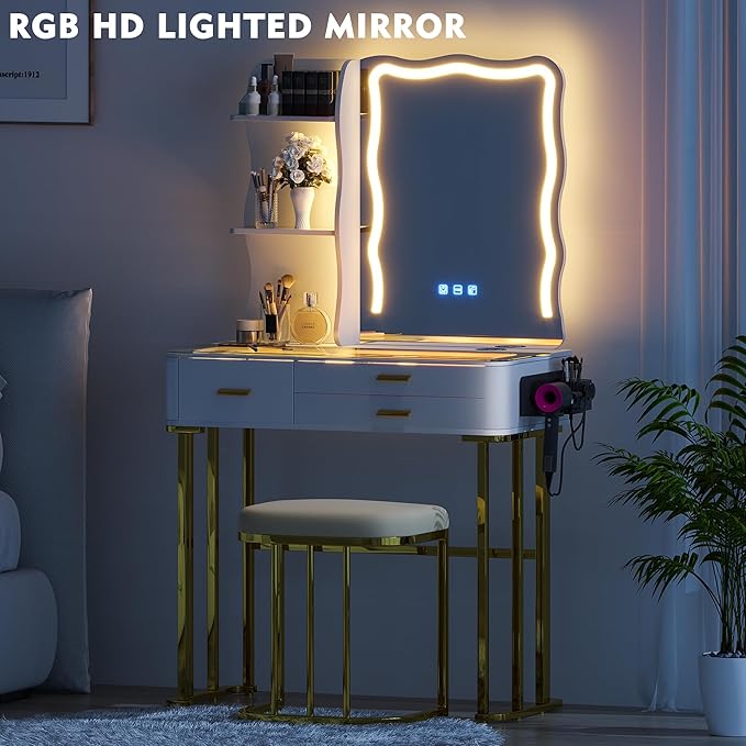 RGB Makeup Vanity Desk with Wireless Charging Station,7 Dynamic and 7 Static Dimmable Vanity Table with Visible Glass Top,Auto Sensor LED Make up Vanity with Mirror and Lights,Stool