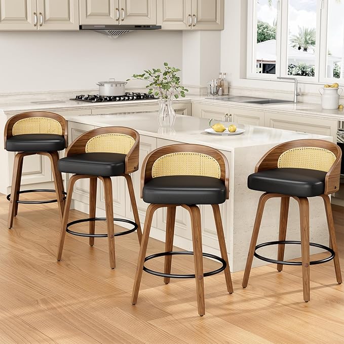 Rattan Bar Stools Set of 3, 26" Swivel Counter Height Bentwood Barstool, Mid-Century Modern PU Leather Upholstered Bar Chair with Back and Footrest, for Kitchen Island, Bar, Dining Room, Cafe