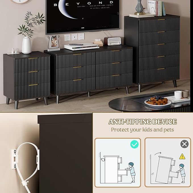 Lulive Black Dresser for Bedroom Wood Tall Dressers Drawers, Fluted Modern Dresser 5 Drawers Black