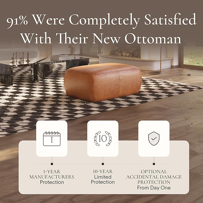 Poly & Bark Denver Ottoman – 43" Large Pouf with Feather-Down Topper – Full-Grain Leather Upholstered Pouf Ottoman for Living Room – Vintage Italian Leather in Cognac Tan