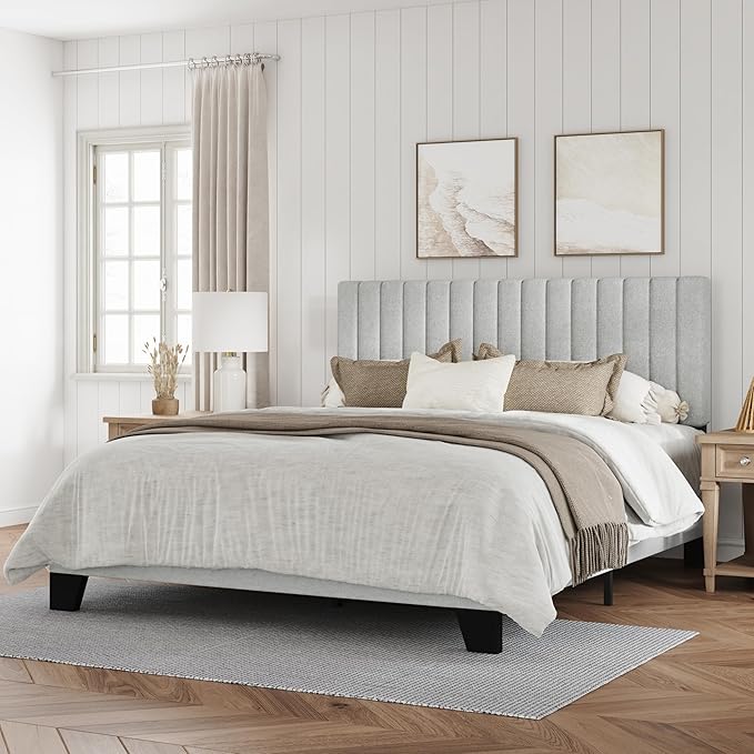 Queen Size Bed Frame, Fabric Upholstered Platform Bed with Adjustable Headboard, Sturdy Frame and Wooden Slats, Noiseless, No Box Spring Required, Easy to Assemble, Light Grey
