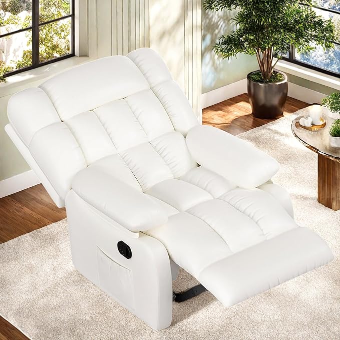 Recliner Chair, Leather Adjustable Recliner with Side Pockets, Living Room Power Reclining Lounge Chair for Adults, Small Spaces Comfy Sofa with Theater Seating for Bedroom, White