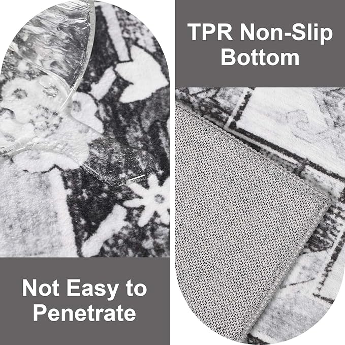 Washable Area Rugs for Living Room, Grey 4x6 Non Slip Vintage Floral Room Rug for Bedroom, Low Pile Indoor Carpet for Dining Room, Home Office, Kitchen, Dorm