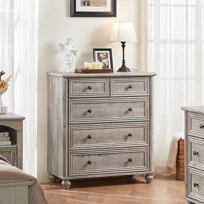WYHG Farmhouse 5 Drawer Dresser for Bedroom, 35.5" Tall Small Dressers & Chest of Drawers, Rustic Wood Dresser with Roman Column, Storage Organizer for Living Room, Hallway, Closet (Grey)