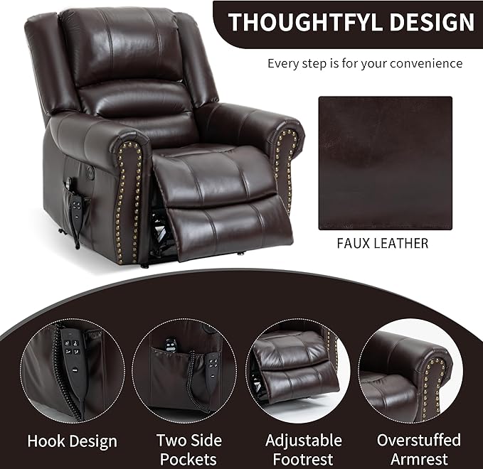 Dual Motor Power Lift Chair, Lay Flat Recliner Chair, Electric Recliner with Massage and Heat for Elderly, Remote Control, Infinite Position, Standing Assistance, USB Ports, Faux Leather, Brown