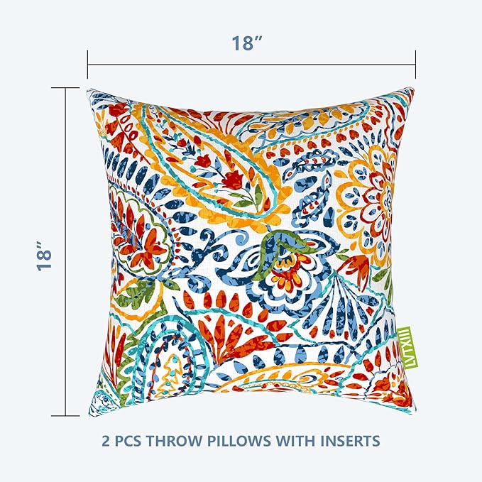 LVTXIII Outdoor/Indoor Throw Pillows, Decorative Throw Pillows with Inserts, 18”x18” Square Pillows for Bed, Couch, Sofa and Patio Furniture (Set of 2, Paisley Multi)