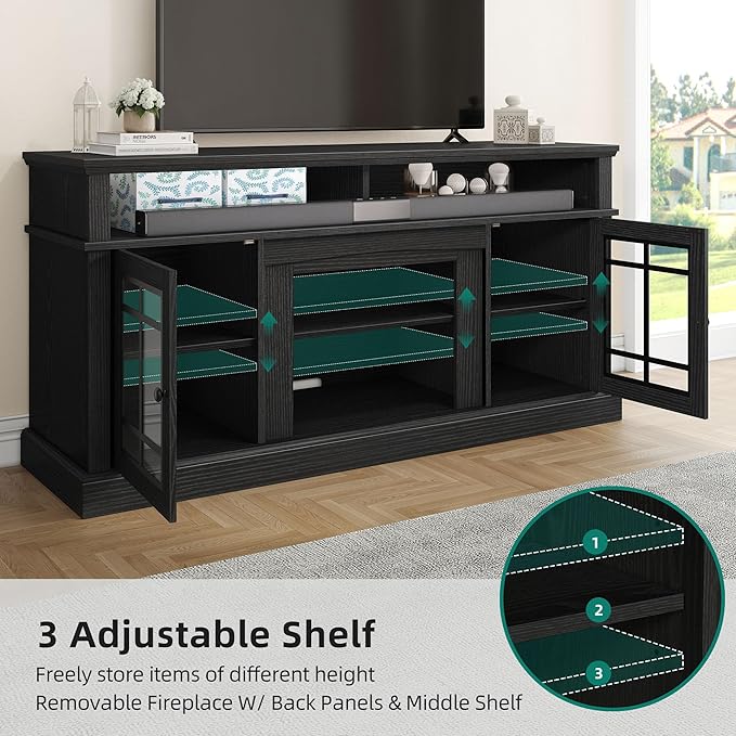 YITAHOME Black TV Stand for 75 Inch TV, LED Modern Entertainment Center with Adjustable Shelves and Glass Doors, 32'' Tall Television Stands TV Media Console Table for Living Room, Black