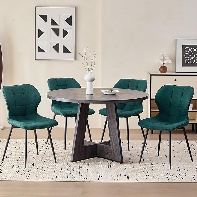 47" Round Dining Room Table Set for 4, [Fanned Base] [1.38" Thick Top] Wood Kitchen Table with 4 Water-Resistant Fabric Dining Chairs