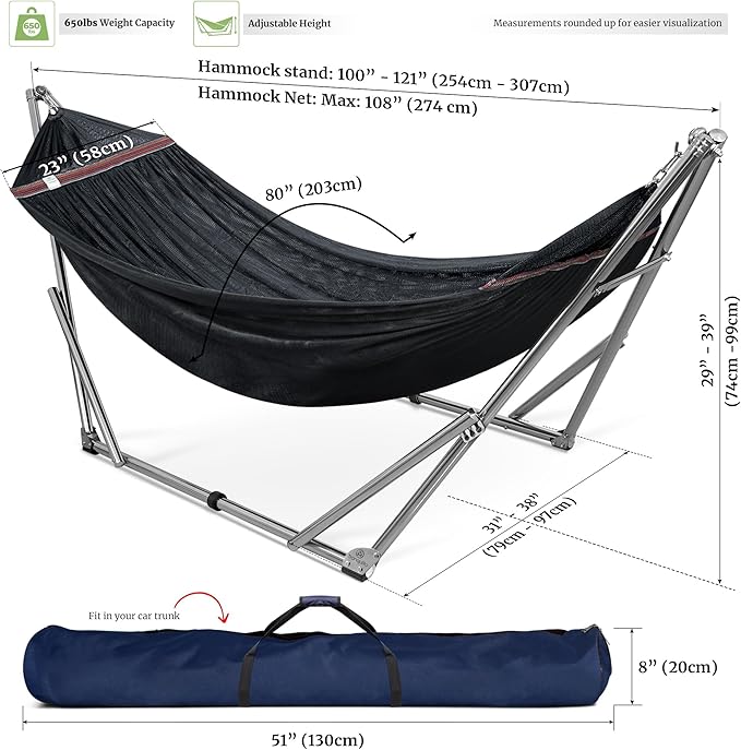 Tranquillo Double Hammock with Stand 650lb Capacity Double Hammock with Spreader Bar, Solid Grade 201 Stainless Steel 30s Set Up, Sturdy Flexible Hammock Stand Portable, Outdoor Indoor, Black