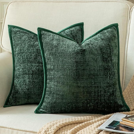 Yaertun Pack of 2 Chenille Textured Decorative Throw Pillow Covers Accent Solid Cushion Cover Soft Cozy Pillow Case with Velvet Back for Couch Sofa Bed Living Room 24x24 Inch Green