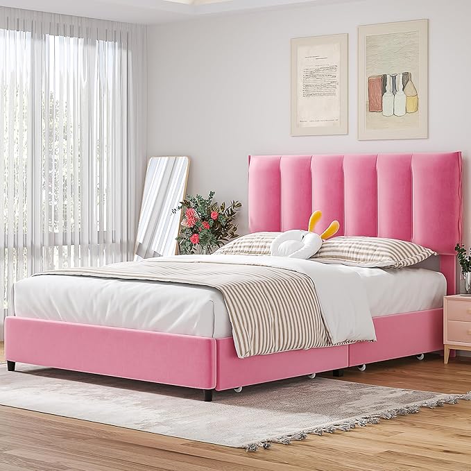 VECELO Full Upholstered Bed Frame with 4 Storage Drawers and Adjustable Velvet Headboard, Heavy-Duty Platform bedframe, No Box Spring Needed, Pink