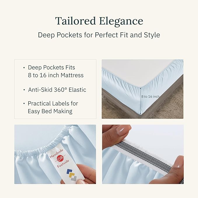 California Design Den Deep Pocket King Sheet Set - Certified 100% Egyptian Cotton Sheets, Soft Sateen, Deep Pockets with Anti-Skid Elastic, Cool and Durable Luxury Bedding - Light Blue