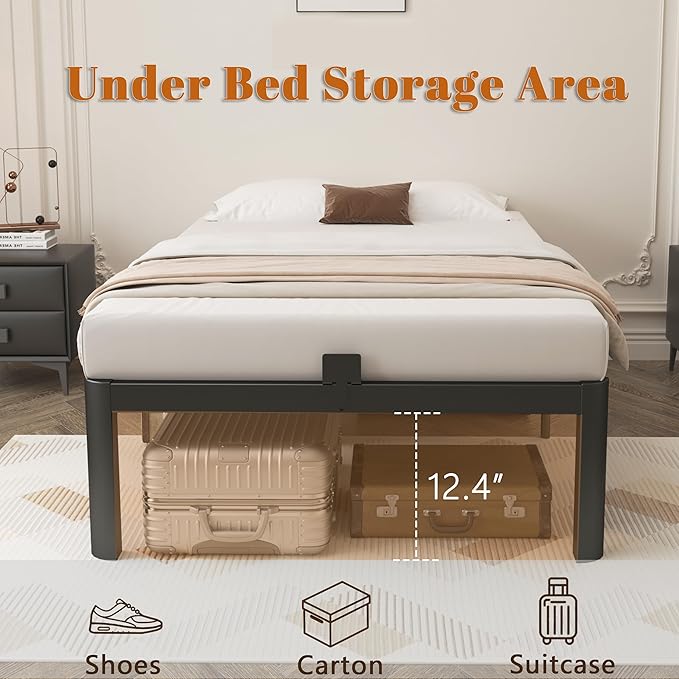 14 Inch Twin Bed Frames, Black Bed Frame Twin Size with Metal Baffles, No Box Spring Needed, Heavy Duty Steel Platform Supprt, Rounded Corner Design, Reserved Holes, Storage Space, Noise Free