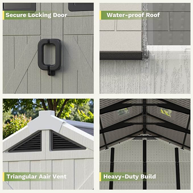 Greesum 10×8 FT Plastic Outdoor Storage Shed with Floor and Lockable Door, Resin Sheds with Windows and Skylights, Weather Resistant Organization for Garden, Lawn, Pool Supplies, Beige