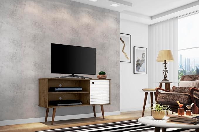Manhattan Comfort Liberty Mid Century Modern TV Stand for Televisions up to 46 Inches, Bedroom and Living Room Entertainment Center with Storage, Shelves, and Cabinet, 43" Wide, Rustic Brown/White