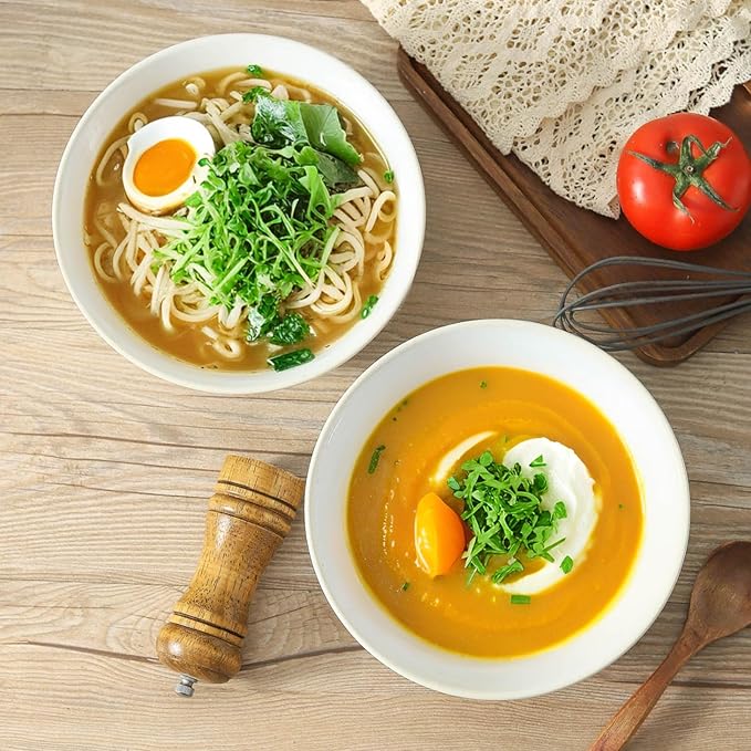 Hasense Serving Bowls, 9 Inch Ceramic Salad Bowls for Kitchen, 84 Ounce Mixing Bowl for Soup Pho Pasta Popcorn, Dishwasher & Microwave Safe, Set of 2(Clay-Infused White)