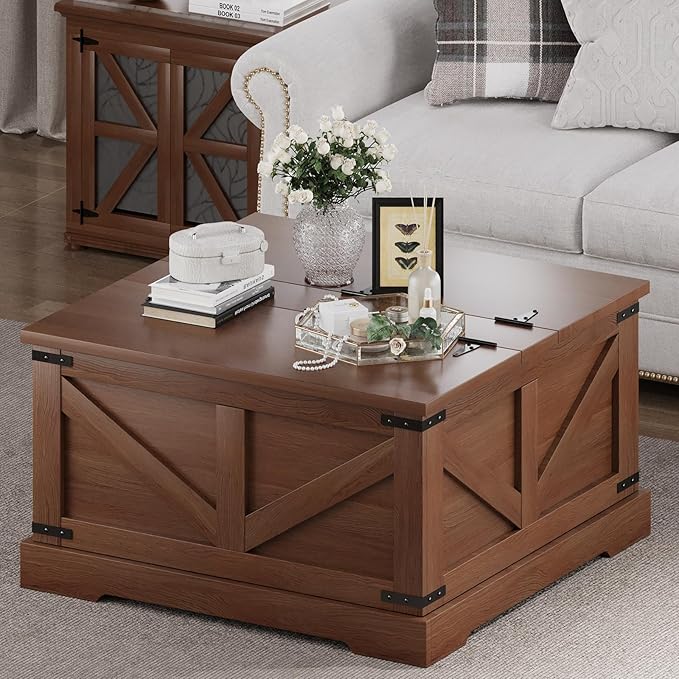 Farmhouse Coffee Table with Hidden Storage Compartment, Square Coffee Table for Living Room, Wood Center Table with Hinged Lifting Tabletop for Home, Rustic Brown