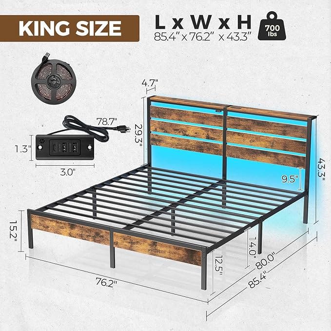 Rolanstar Bed Frame King Size with USB Charging Station, LED Bed Frame with Wood Storage Headboard, Rustic Brown Metal Platform Bed with Under Bed Storage, No Box Spring Needed, Noise Free