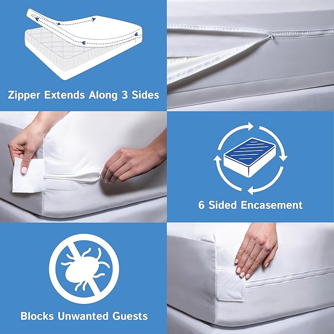 Full Size Mattress or Box Spring Encasement (5" to 8" Depth) - Low Profile Waterproof Zippered Protector Hypoallergenic Premium Bed Cover Protects from Dust Allergens