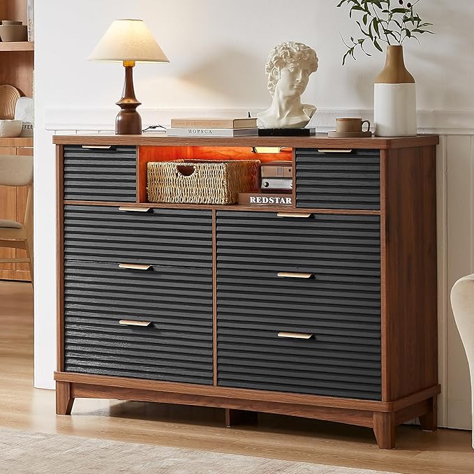 AOGLLATI Black Dresser for Bedroom with Slanted Louvre Design,Retro Chest of Drawers with Charging Station, Wooden Led Wide Tall 8 Drawer Dresser for Bedroom,Living Room, Hallway, Black & Brown