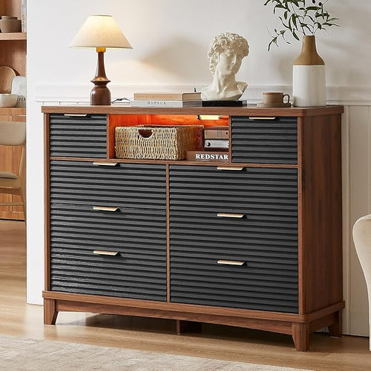 AOGLLATI Black Dresser for Bedroom with Slanted Louvre Design,Retro Chest of Drawers with Charging Station, Wooden Led Wide Tall 8 Drawer Dresser for Bedroom,Living Room, Hallway, Black & Brown