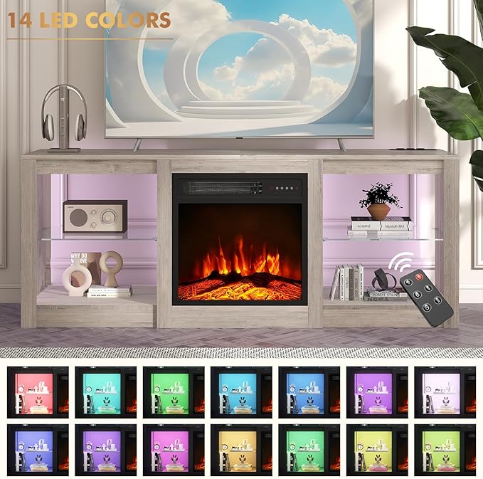 Ludatido 58 Inch TV Stand with 18 inch Fireplace Insert LED Light Entertainment Center Electric Fireplace TV Stand with USB&AC Power Interface for Living Room/Bedroom/Media Room Use(Gray)