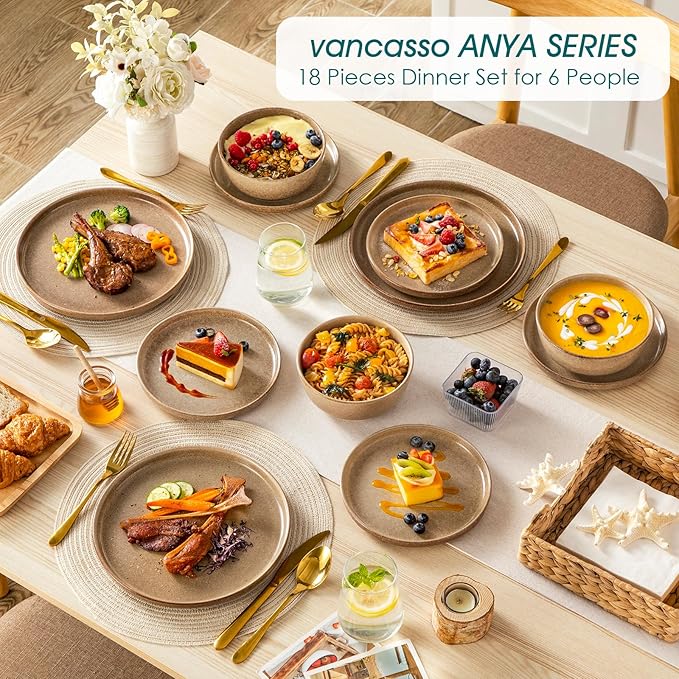 vancasso ANYA 18 Pieces Plates and Bowls Set, Caramel Dinnerware Sets, Reactive Glaze Dishes Set for 6, Ceramic Dishware Sets Kitchen Dinner Set, Microwave & Dishwasher Safe