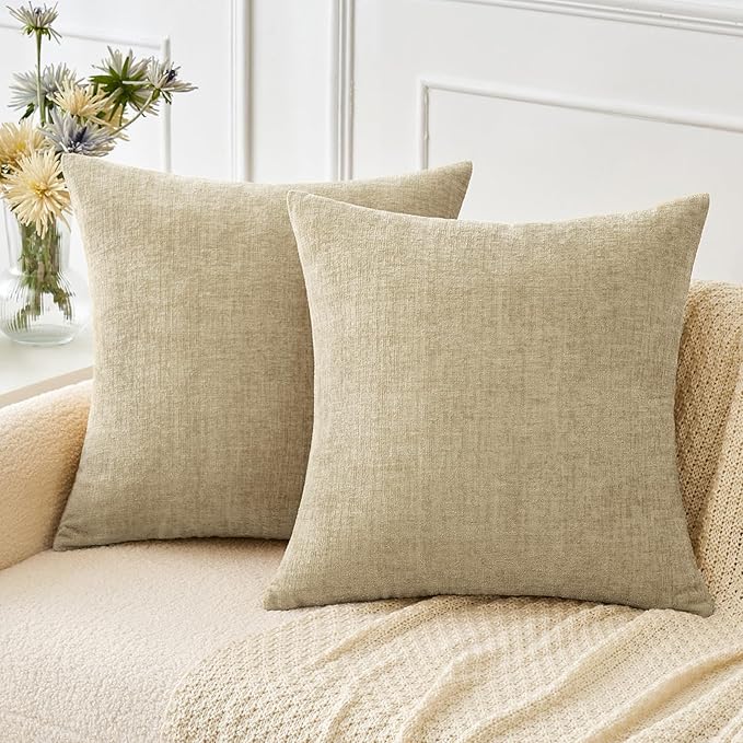 MIULEE Pack of 2 Beige Throw Pillow Covers 18x18 Inch Soft Chenille Pillow Covers for Sofa Living Room Couch Solid Dyed Cases Not Pillow Inserts