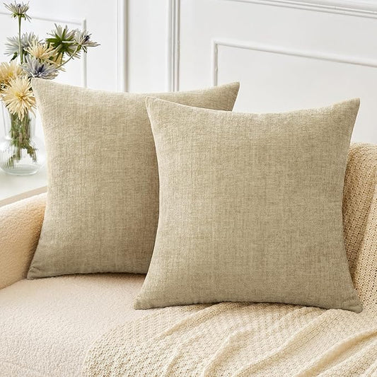 MIULEE Pack of 2 Beige Throw Pillow Covers 18x18 Inch Soft Chenille Pillow Covers for Sofa Living Room Couch Solid Dyed Cases Not Pillow Inserts