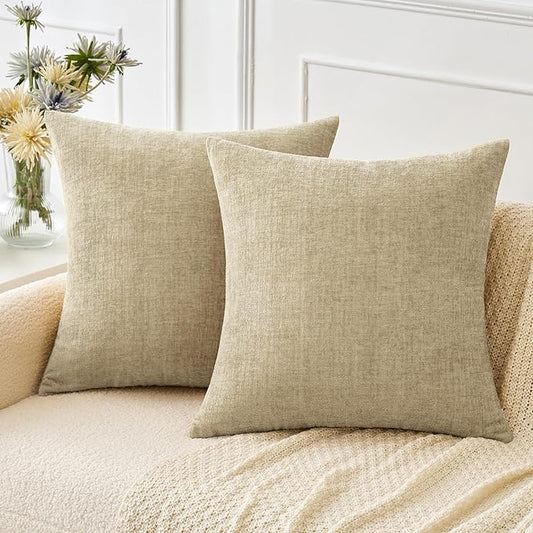 MIULEE Pack of 2 Beige Throw Pillow Covers 20x20 Inch Soft Chenille Pillow Covers for Sofa Living Room Couch Solid Dyed Cases