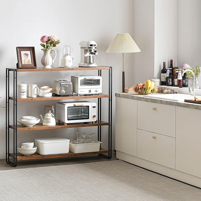 HCHQHS Bookshelf,4-Tier Industrial Bookcase,Rustic Wood and Metal Open Display Book Shelves Home Office,Bedroom Standing Shelf Unit,Horizontal Kitchen Shelf Organizer,Bathroom Storage Rack 47in