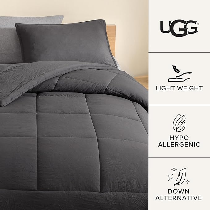 UGG Leonora Comforter Set with 1 Pillow Sham Lightweight Down Alternative Blanket Reversible All Season Washable and Bedding Set for College Apartment or Dorm Essentials, Twin/Twin XL, Charcoal Grey