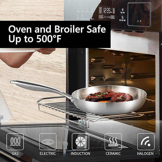 LOLYKITCH 12 Inch Tri-Ply Stainless Steel Frying Pan,Skillet,Induction Cooking Pan,Dishwasher and Oven Safe,Heavy Duty and Detachable Handle.