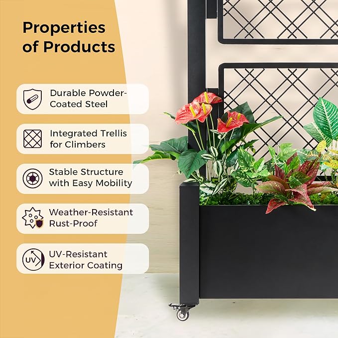 Metal Planter Box with Trellis and Wheels, 50" Hx38 Wx14 D Large Outdoor Garden Planter for Climbing Plants, Vegetables & Vines, Includes Drainage Holes and Privacy Screen, Black