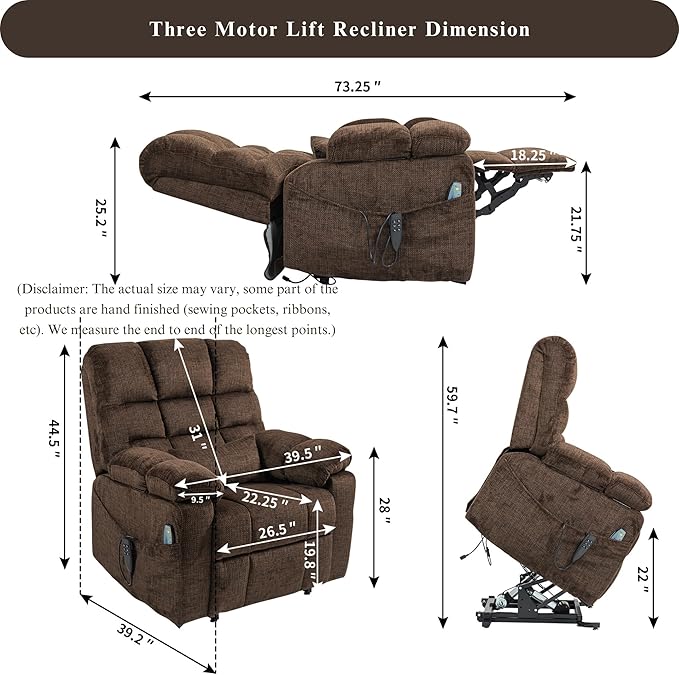 3-Motor Lift Chair with Adjustable Seat Height Zero Gravity Lay Flat Recliner with Heat Massage - Flip Arm Storage Cup Holders - Power Lift Recliner for Elderly – Big Tall 400 lbs (Dark Brown)