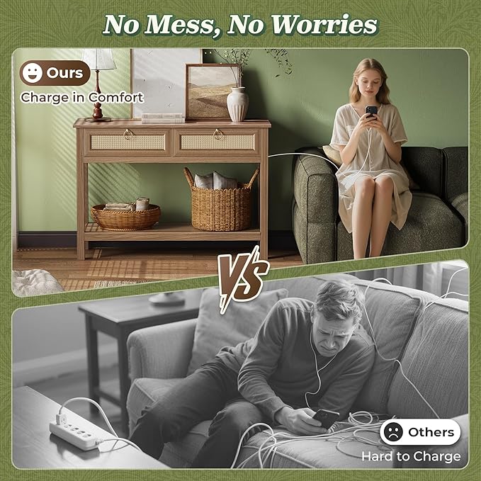 SUPERJARE Rattan Console Sofa Table with Outlets and USB-C Port, 2 Drawer Entryway Table with Synthetic Rattan Surface, 39 Inch, Open Shelf, Behind Couch Entry Foyer Hallway Storage, Brown