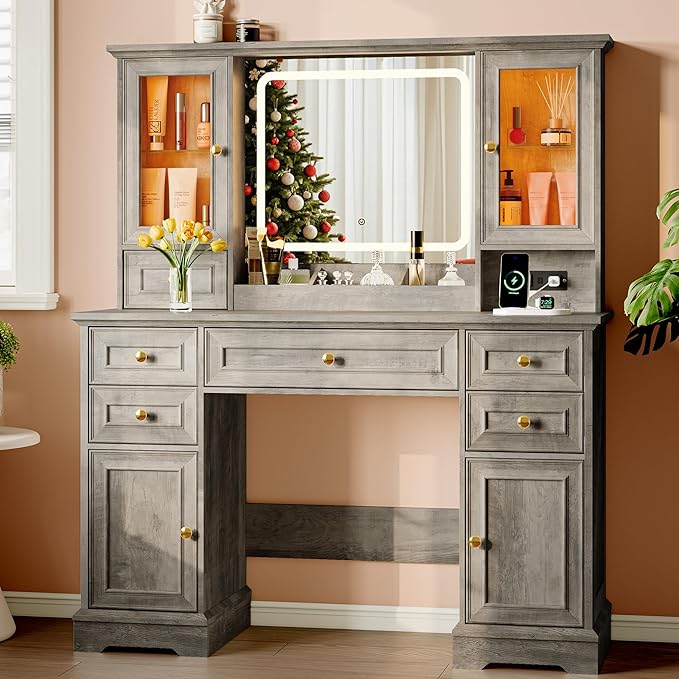 Makeup Vanity Desk with HD Lighted Mirror & Power Outlet, Farmhouse Vanity Table Set with Storage Drawers & RGB Cabinets, Large Dressing Table with 3 Lighting Modes for Women Kids Girls Bedroom, Grey