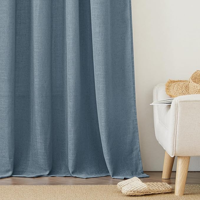 RYB HOME Extra Long Curtains, Flax Linen Woven Semi Translucent Privacy UV Protection Window Blinds Shades for Hotel Villa Cottage Lobby Living Room, Width 52 x Length 120 inch, Stone Blue, 2 Panels